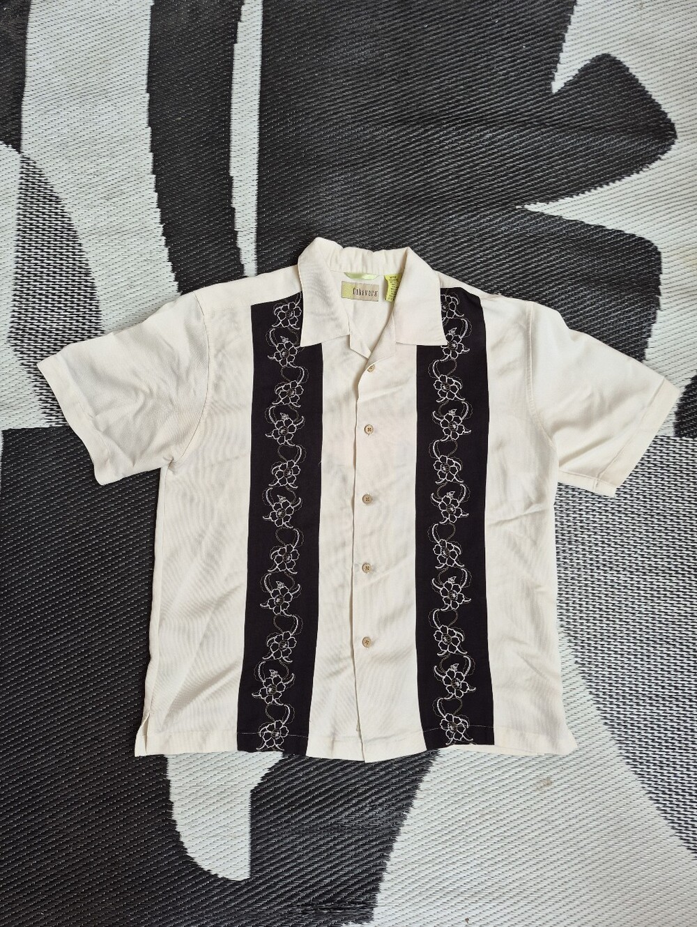 Cubavera Cream Short Sleeve Button Up with Black Embroidered Floral Print